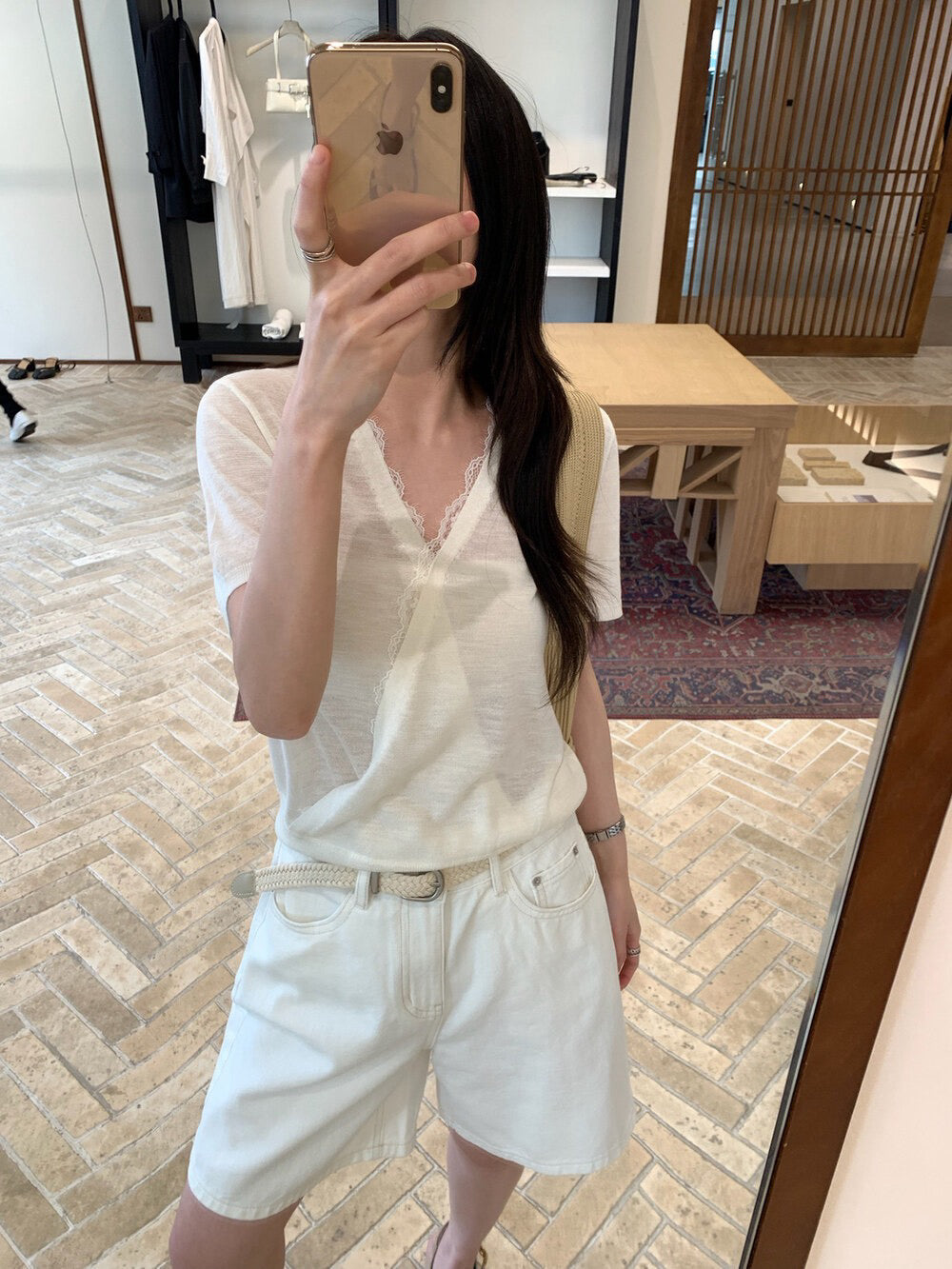 // 法式交叉lace邊絲麻短袖NT