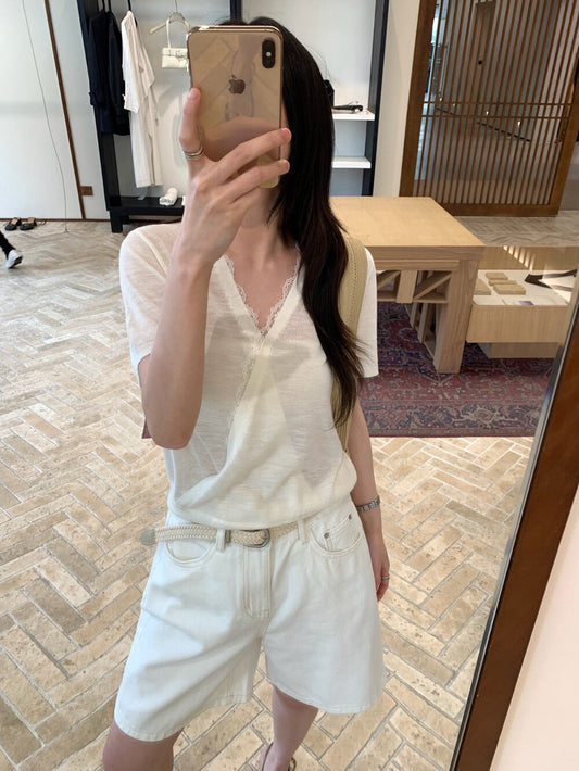 // 法式交叉lace邊絲麻短袖NT