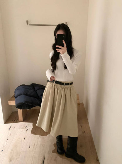 // 高腰壓褶簡約韓風中裙(連腰帶)