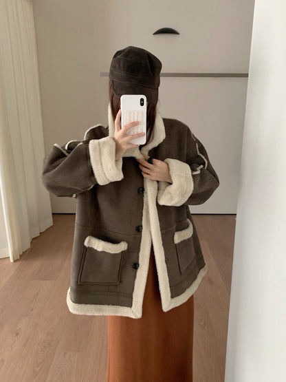 // 立領皮毛一體口袋中長外套