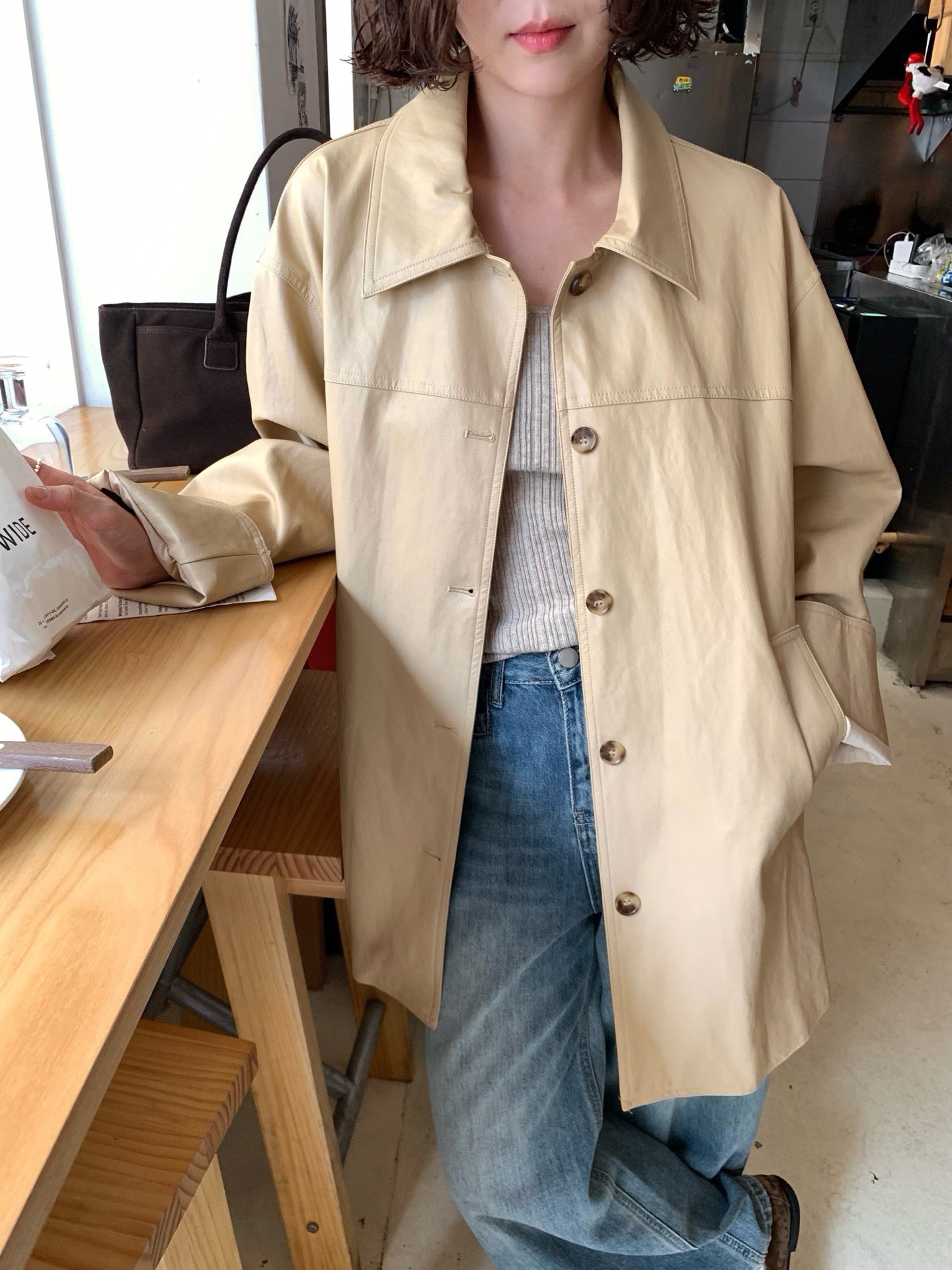 // vintage油蠟皮連腰包腰帶翻領中長外套