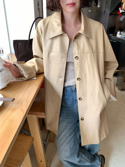 // vintage油蠟皮連腰包腰帶翻領中長外套