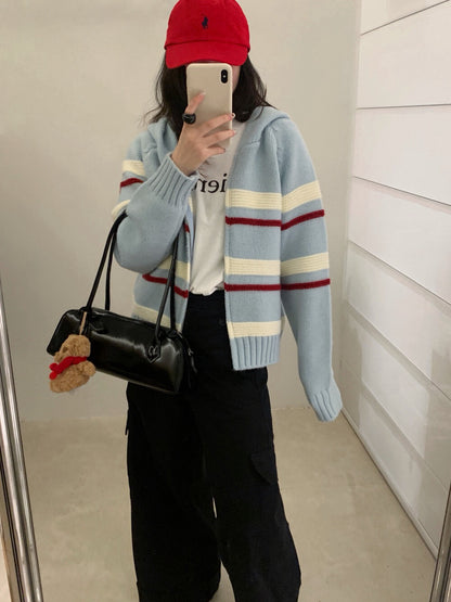 // 復古撞色間條連帽針織CD