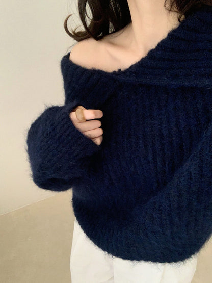 // 8%wool溫柔一字領鈕扣大翻領毛衣