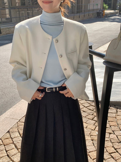 // 質感鈕扣10%wool弧邊薄毛呢外套