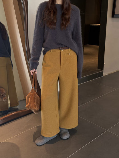 // 小口袋裝飾加絨直腳混羊毛呢褲(連腰帶)