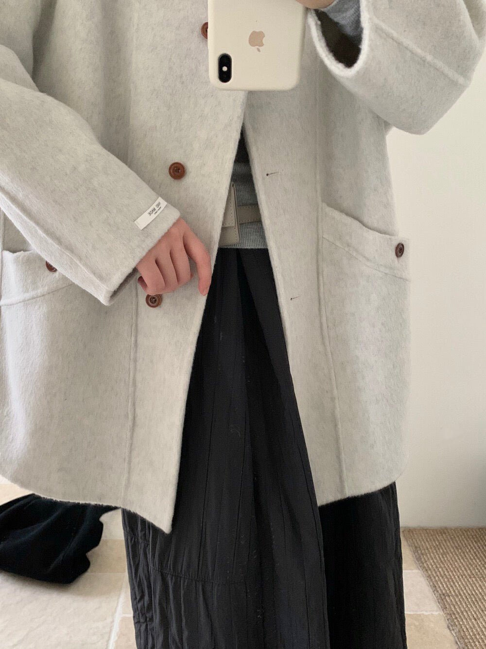 // 立領簡約風100%羊毛手工雙面中長外套