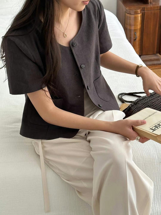// linen100%簡約口袋外套
