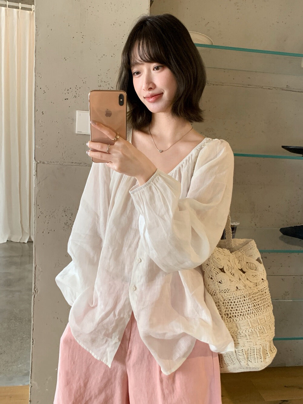 // 後綁帶排扣寬鬆麻質BL