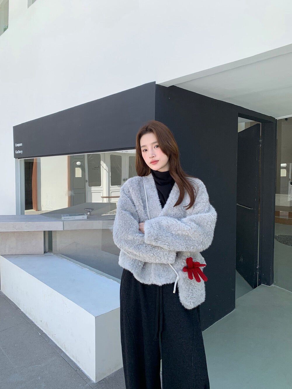 // V領雙排扣毛毛皮毛一體外套(連袋仔)