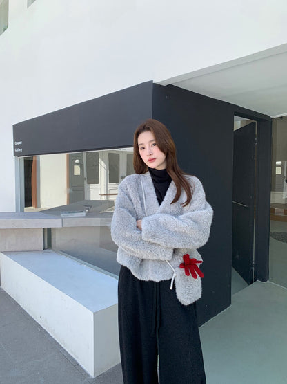 // V領雙排扣毛毛皮毛一體外套(連袋仔)