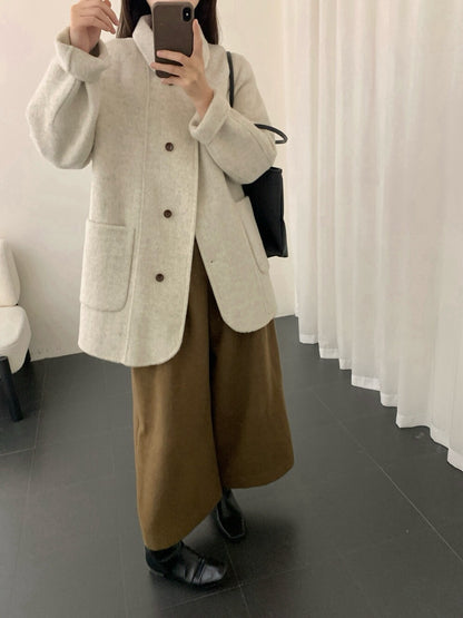 // 90%wool+10%cashmere翻領口袋中長雙面手工外套￼