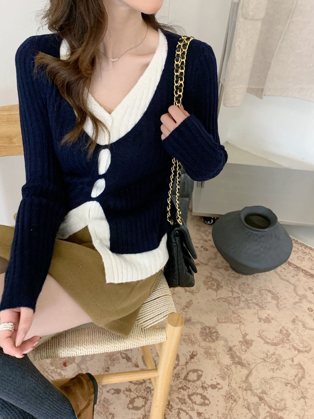 // 超顯瘦撞色假兩件針織上衣