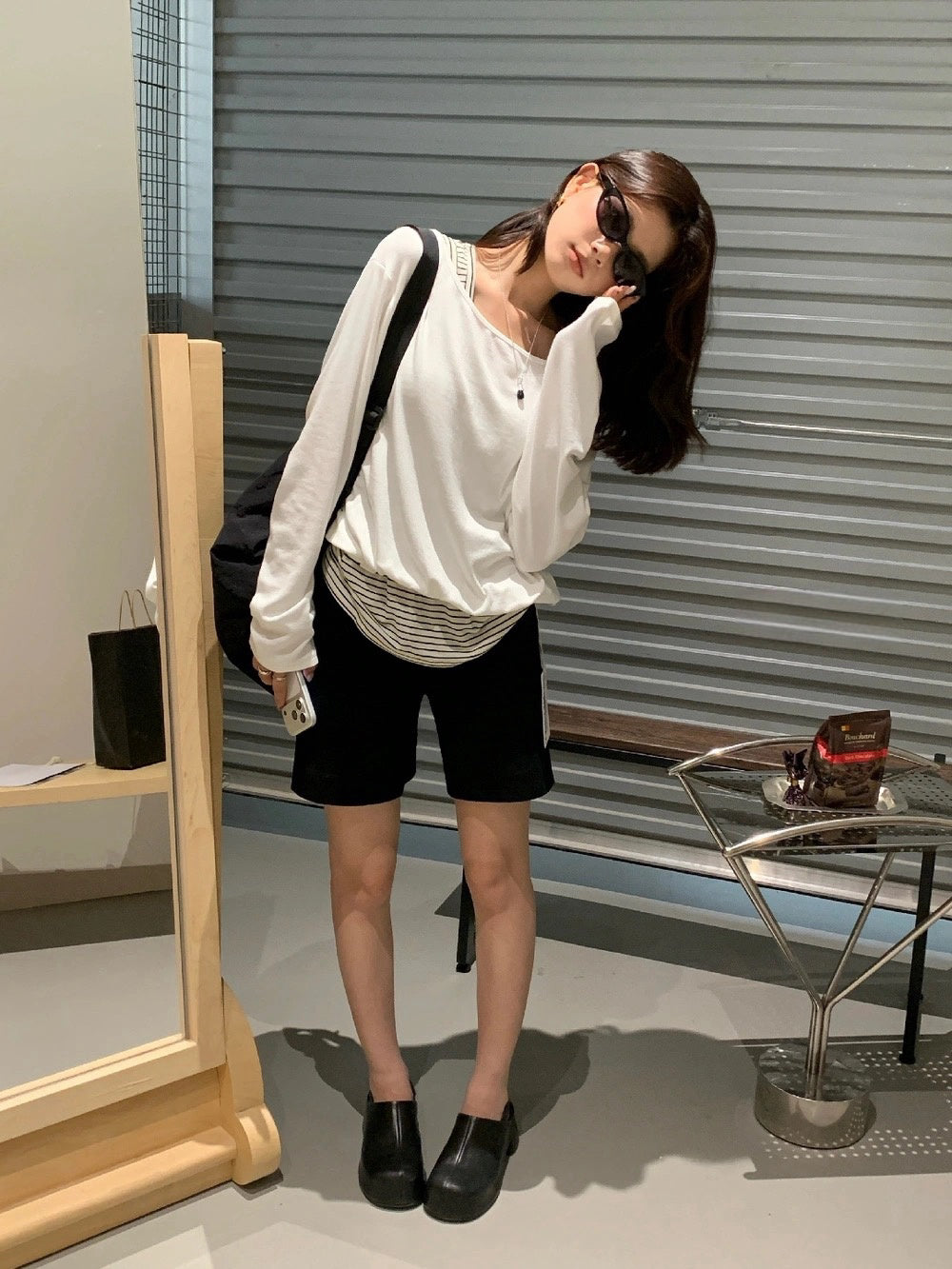 B42 / 拼接間條背心假兩件TEE