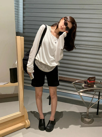 B42 / 拼接間條背心假兩件TEE