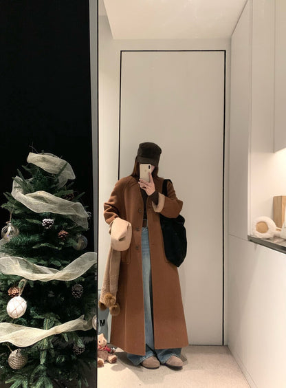 // 70%綿羊毛簡約插肩V領長款手工羊毛外套(連頸巾)