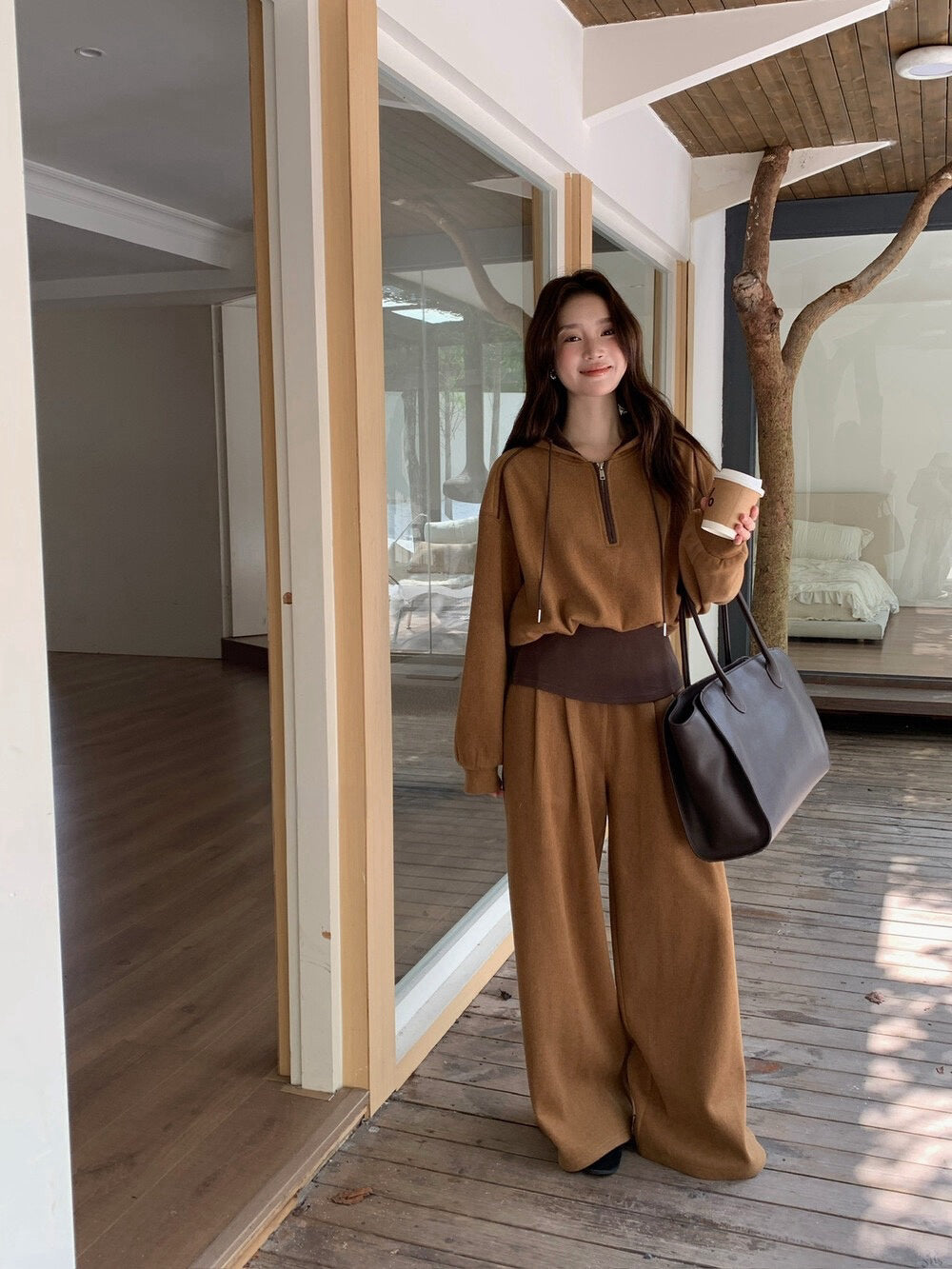 // 假兩件連帽拉鍊上衣+全長褲兩件套