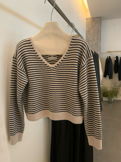 // 超軟糯氛圍感V領幼間條NT