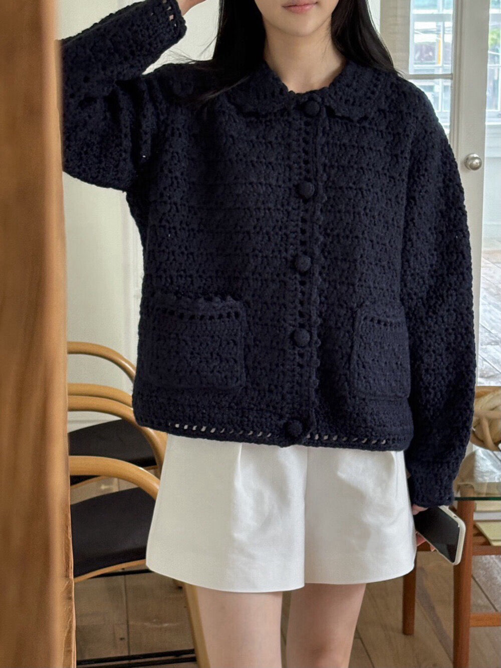 // 重工手工鈎花包扣口袋翻領CD