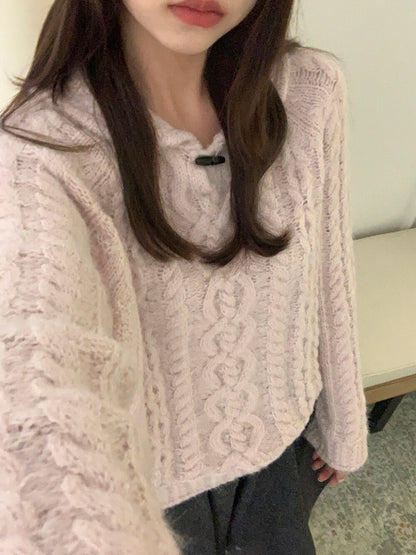 // 20%wool牛角鈕領口圓翻領麻花毛衣