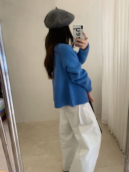 // 法式甜美直坑紋衣擺半鈕扣毛衣