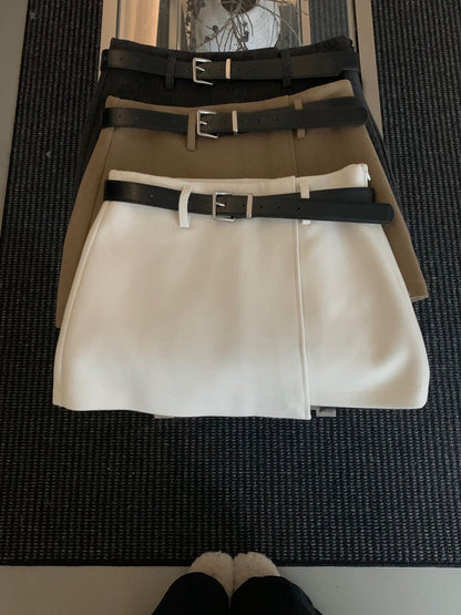 // 10%wool超拉長比例的連腰帶雙層毛呢短裙(內連內裡打底褲)