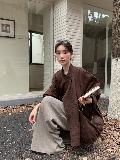 // 小立領雙排扣麂皮絨外套