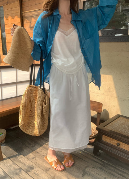 // 麻質拼接腳綁帶腰中裙