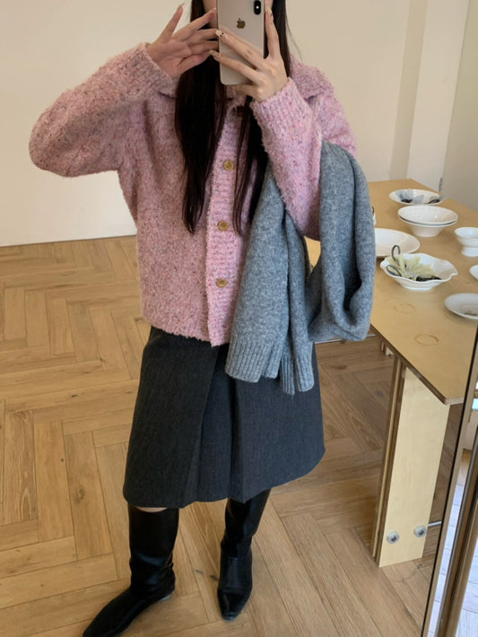 // “草莓牛奶”混針翻領開鈕毛衣