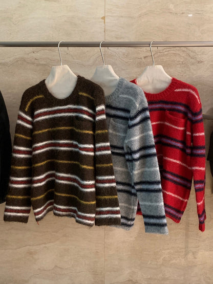 // 復古撞色間條口袋軟糯毛衣
