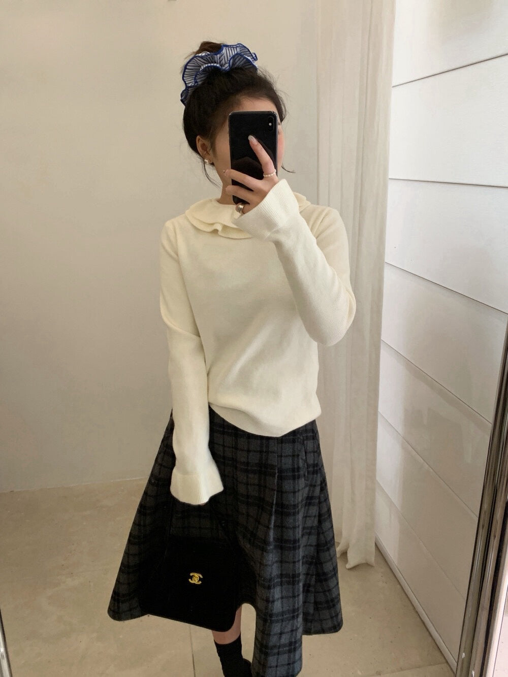 // 法式雙層花邊領+袖針織上衣