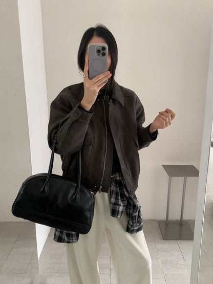 // 經典翻領設計麂皮絨夾棉外套