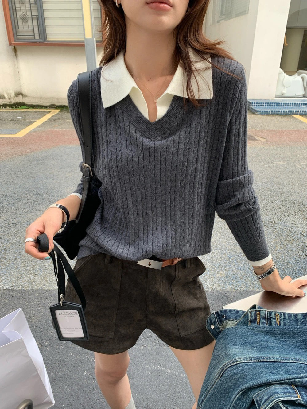 B215 / 拼接假兩件恤衫翻領麻花針織上衣
