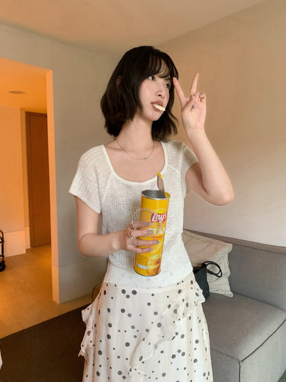 // 後綁帶修腰直織紋短袖針織