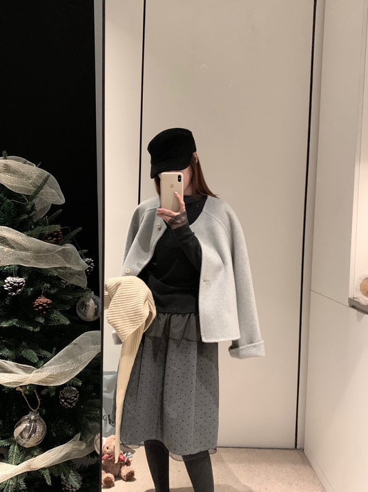 // 100%羊毛馬卡龍色系圓領短款手工外套(連三角巾)