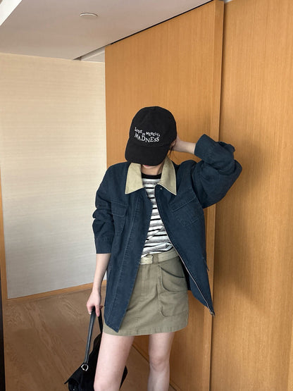 // 美式復古撞色領工裝外套