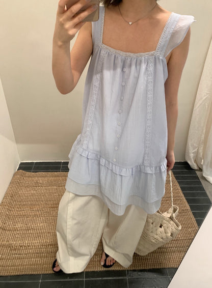 // 超美拼接lace鈕扣荷葉邊肩帶背心