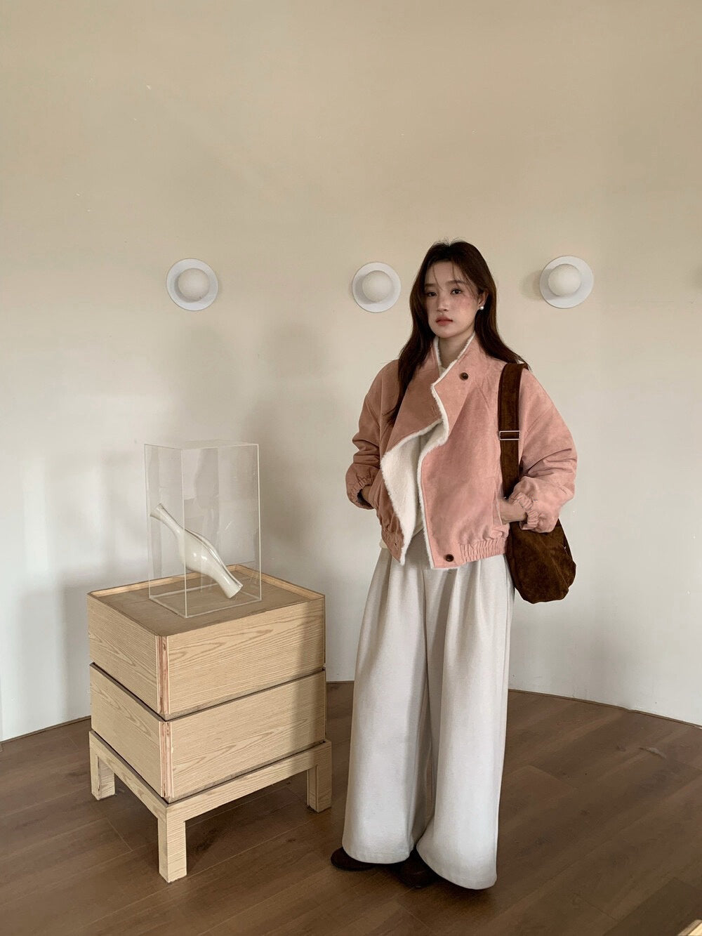 // 帥氣隨性領子皮毛一體麂皮絨外套