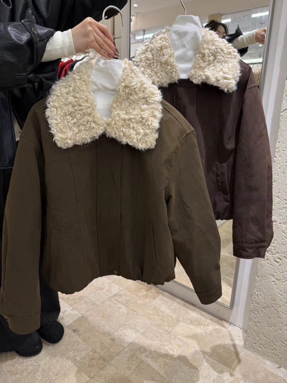 // 拼接卷毛領設計感短外套