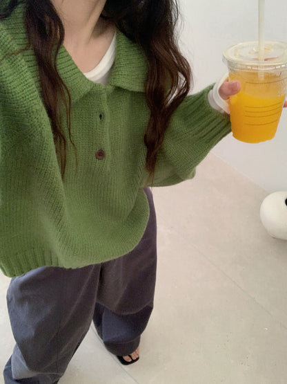 // 超韓領鈕扣粗坑紋翻領毛衣