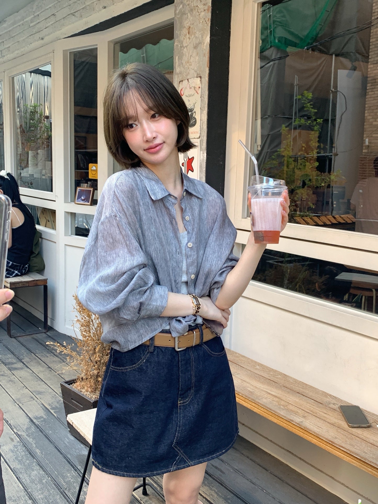 // 100%麻質細條紋SH