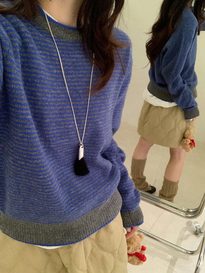 // 100%wool細間條包邊毛衣