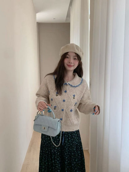 // 18%綿羊毛撞色花邊菱格紋刺繡花CD