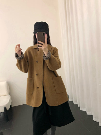 // 90%wool+10%cashmere翻領口袋中長雙面手工外套￼