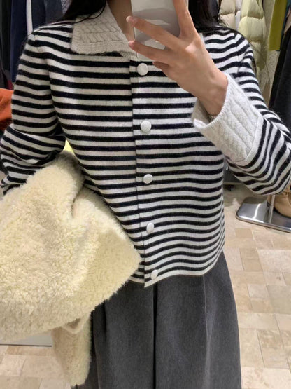 // 麻花領+袖拼色間條軟糯CD