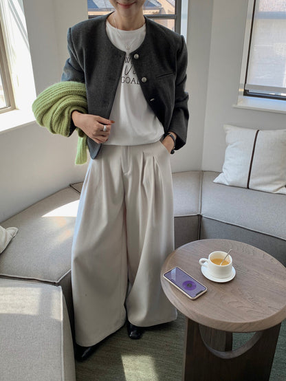 // 質感鈕扣10%wool弧邊薄毛呢外套