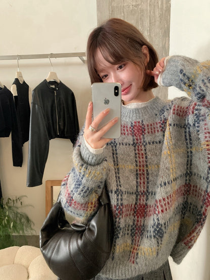 // 聖誕風復古感格紋混羊毛毛衣