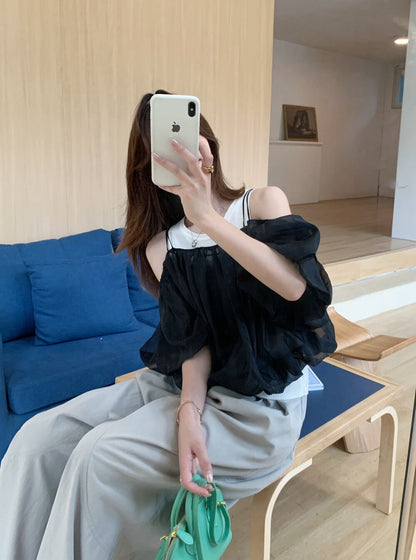 // 紗質泡泡一字領吊帶BL(不含內搭背心)