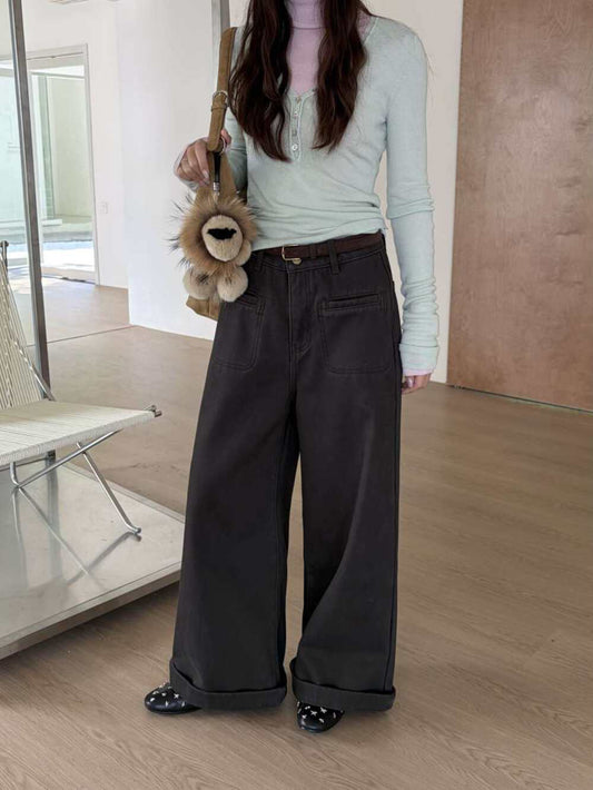 // 雙口袋裝飾加絨卷邊褲(連腰帶)