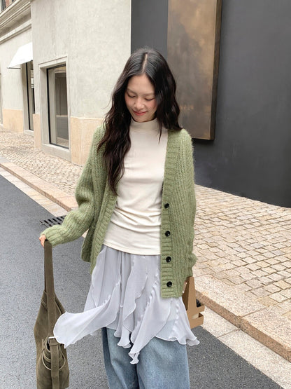 // 8%wool深v粗織邊口袋中長CD